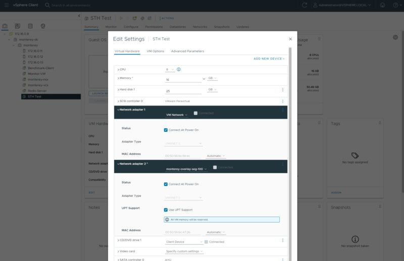 VMware VSphere Client With NVIDIA BlueField 2 DPU And ESXi 8.0 Host Create VM Change To Monterey Overlay And Enable UPT Support All VM Memory Will Be Reserved