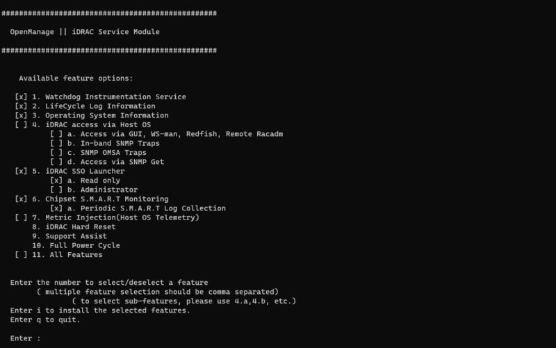 Dell IDRAC Service Module For Linux OpenManage Menu