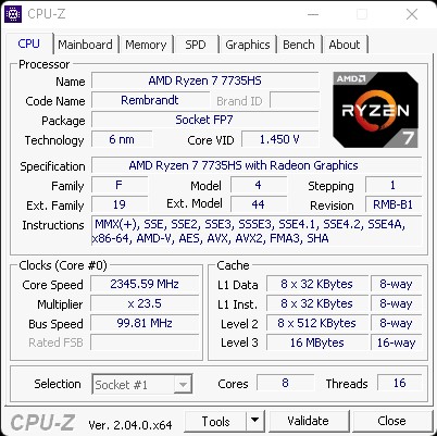 AMD Ryzen 7 7735HS CPU Z Screenshot