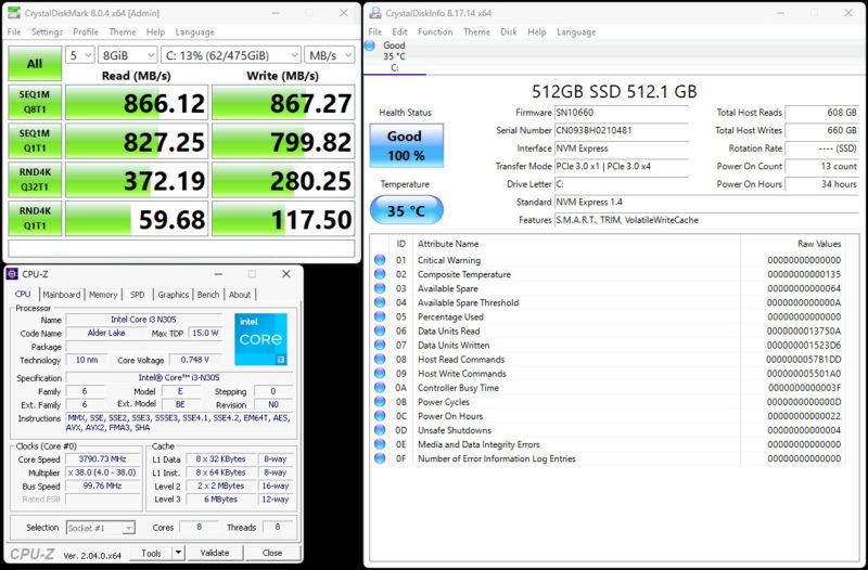 Beelink EQ12 Pro Intel Core I3 N305 CDM And CPU Z