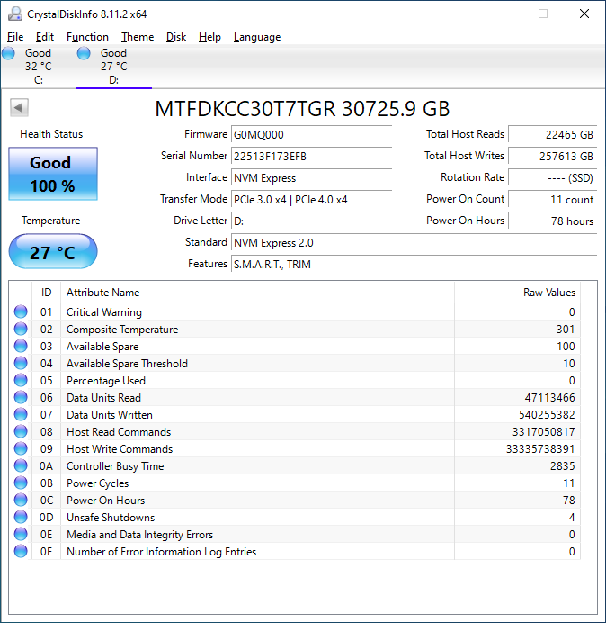 Micron 6500 ION 30TB CrystalDiskInfo