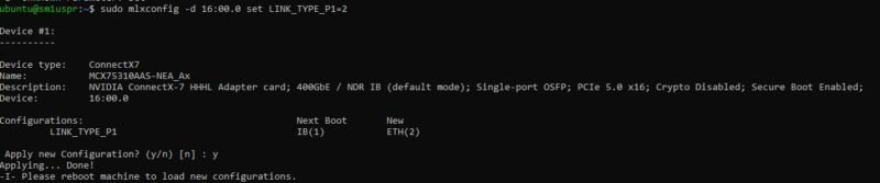 NVIDIA ConnectX 7 MCX75310AAS NEAT Mlxconfig Set Link Type To Ethernet