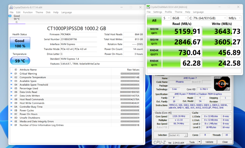 Beelink GTR7 AMD Ryzen 7 7840HS CrystalDiskMark 1TB NVMe SSD