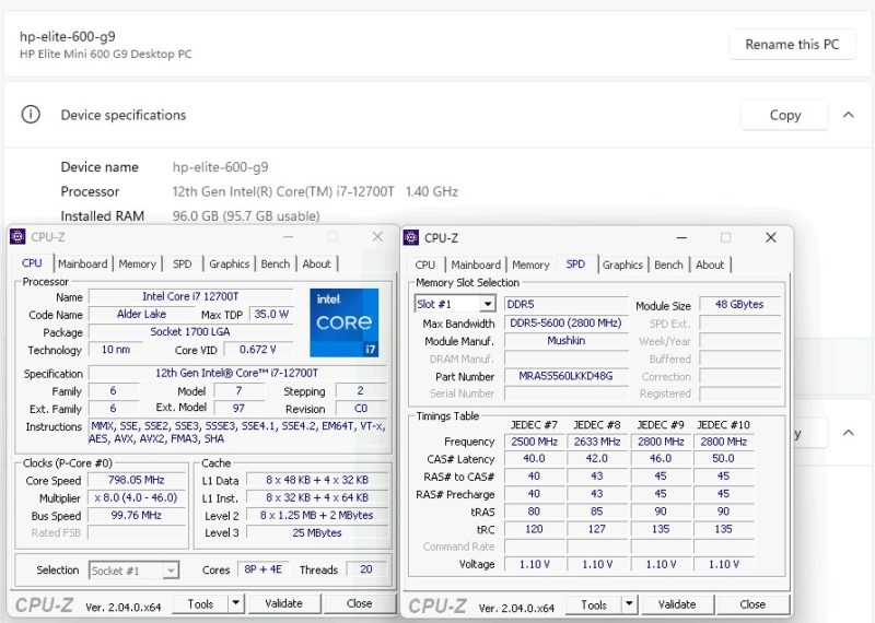 HP Elite Mini 600 G9 With 2x 48GB Mushkin DDR5 SODIMMs For 96GB