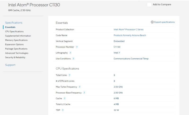 Intel Atom C1130 Specs Ark