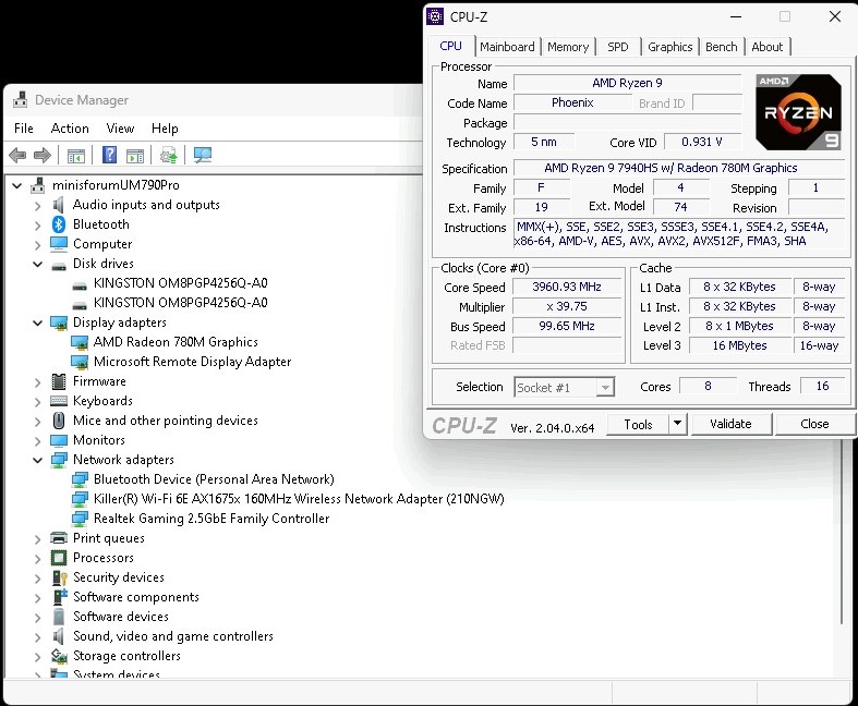 AMD Ryzen 9 7940HS CPU Z With Device Manager In The Background