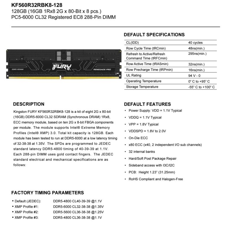 Kingston Fury Renegade Pro KF560R32RBK8 128 16GB ECC DDR5 6000 DIMM Spec Sheet