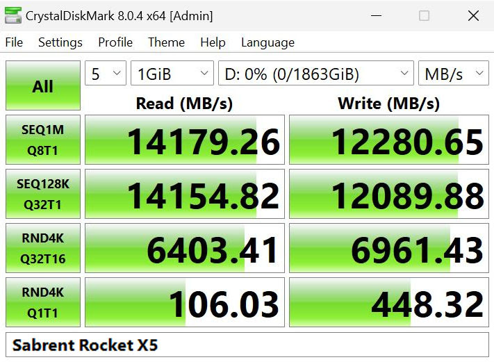 Sabrent Rocket X5 PCIE GEN5 NVME SSD CrystalDiskmark