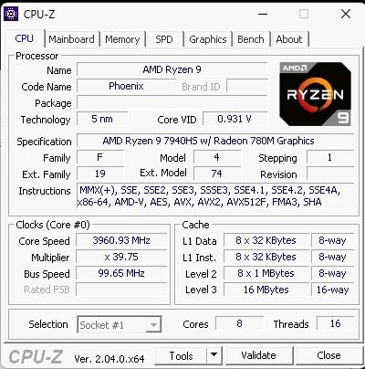 AMD Ryzen 9 7940HS CPU Z