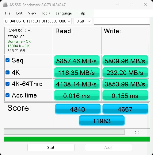 Dapustor Xlenstor2 X2900P 800GB AS SSD 10GB