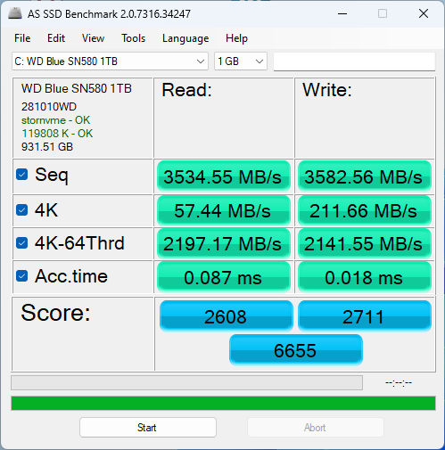 WD Blue SN580 1TB ASSSD 1GB