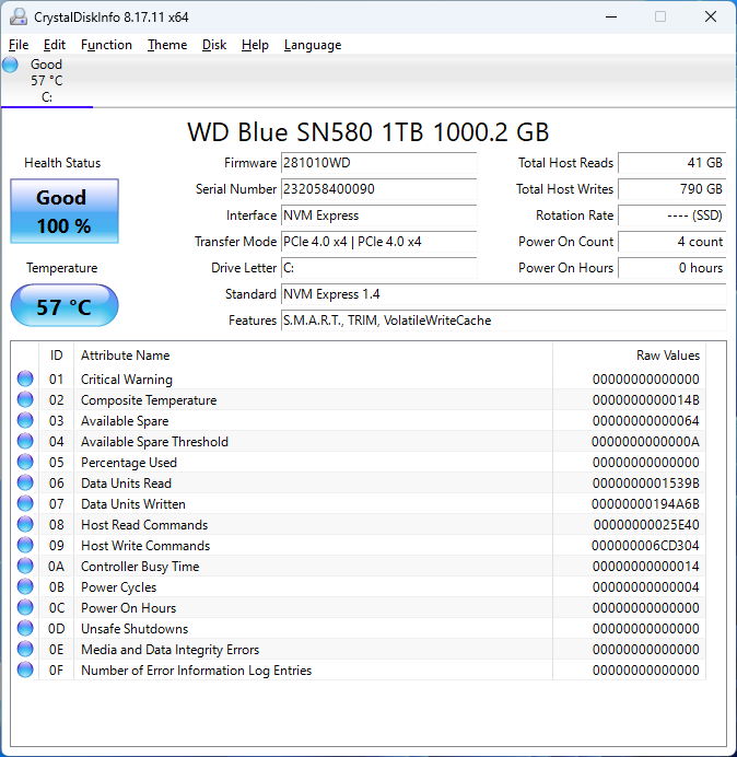 WD Blue SN580 1TB CrystalDiskInfo