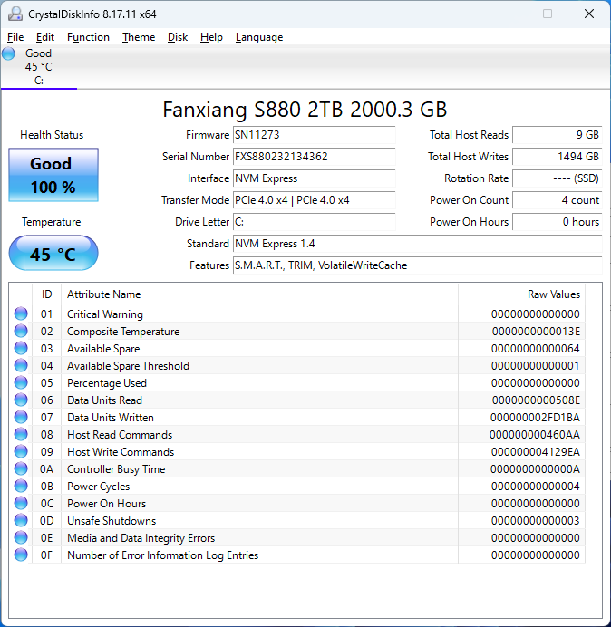 fanxiang S880 2TB CrystalDiskInfo