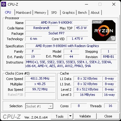AMD Ryzen 9 6900HX CPU Z