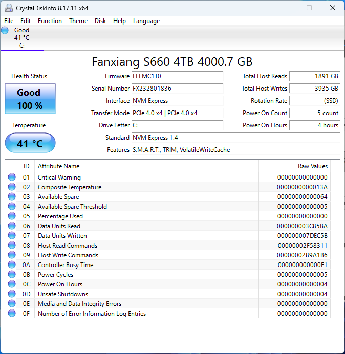 fanxiang S660 4TB CrystalDiskInfo