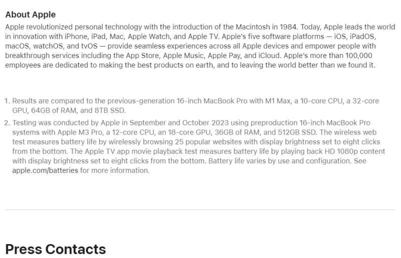 Apple M3 Family Announcement Footnotes