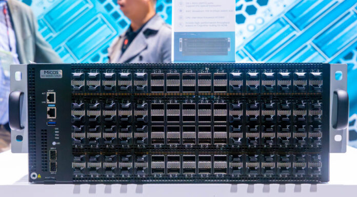 Micas Networks 51.2T Broadcom Co-Packaged Optics Demo 800G Switches and More OCP Summit 2023 Micas M2 W6940 128QC Front Ports At OCP Summit 2023 1