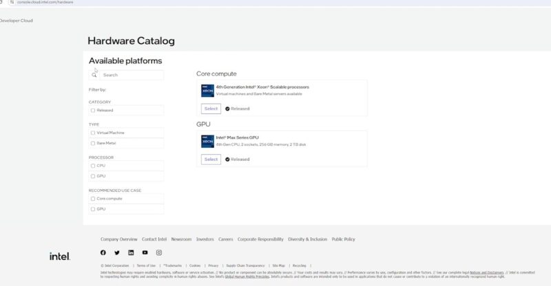 Intel Developer Cloud Hardware Catalog