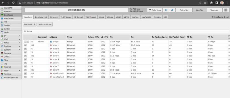 MikroTik CRS310 Interface WebFig