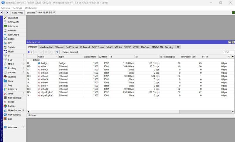 MikroTik CRS310 Interface WinBox