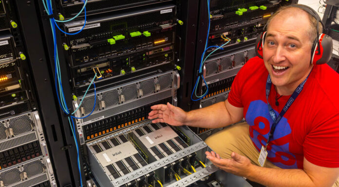 Touring the Intel AI Playground – Inside the Intel Developer Cloud Patrick At Intel Developer Cloud With 8x Intel Data Center GPU Max 1100 PCIe In Supermicro SYS 521GE TNRT 3