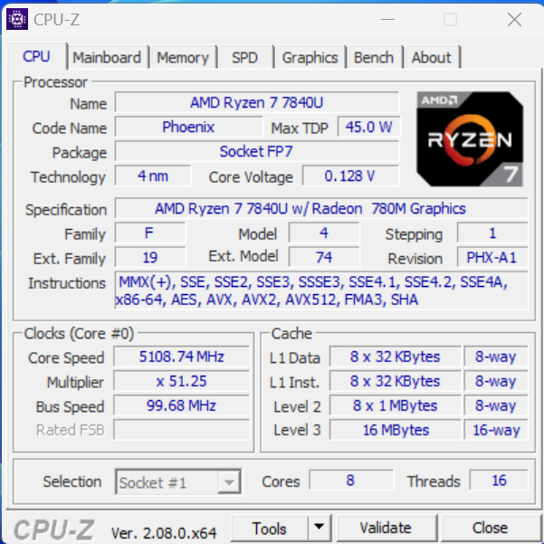 AMD Ryzen 7 7840U CPU Z