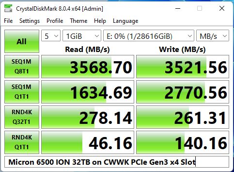 CWWK N100 Micron 6500 ION 32TB PCIe Gen3 X4 Slot CrystalDiskMark