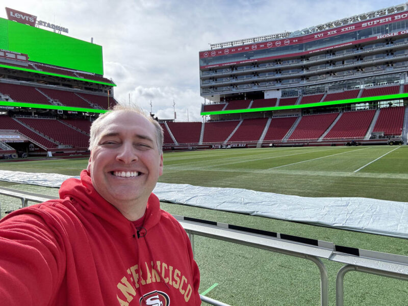 Patrick On The Field At Levis Stadium With The Press Box Above