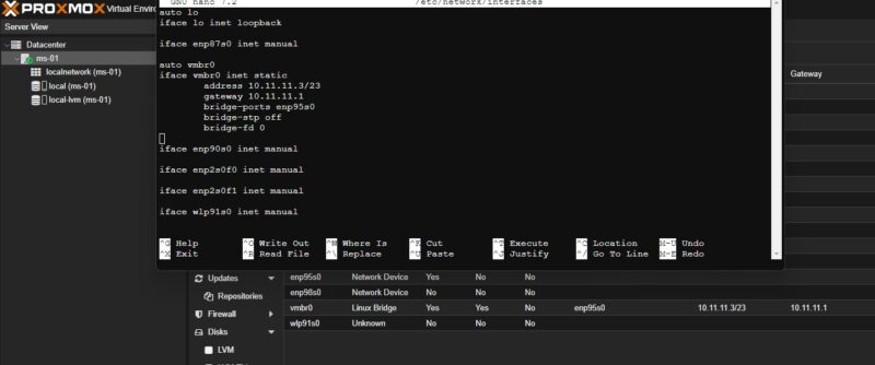 Proxmox VE Change Vmbr0 Network Interfaces To Enp95s0