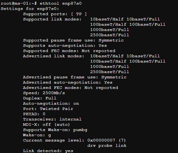 Proxmox VE Enp87s0 In Ethtool