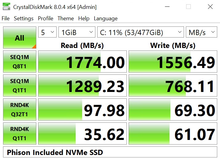 Qotom C3758 Phison 512GB Boot NVMe SSD CrystalDiskMark