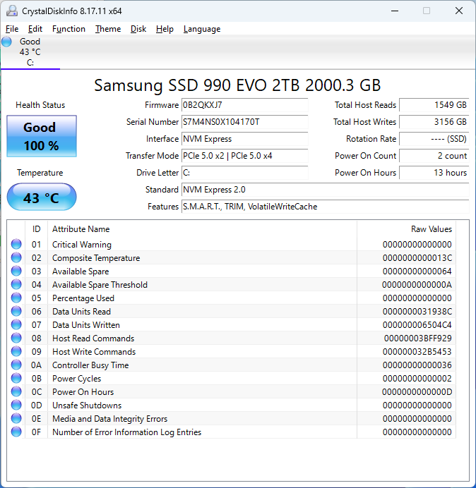 Samsung 990 EVO 2TB 2TB CrystalDiskInfo