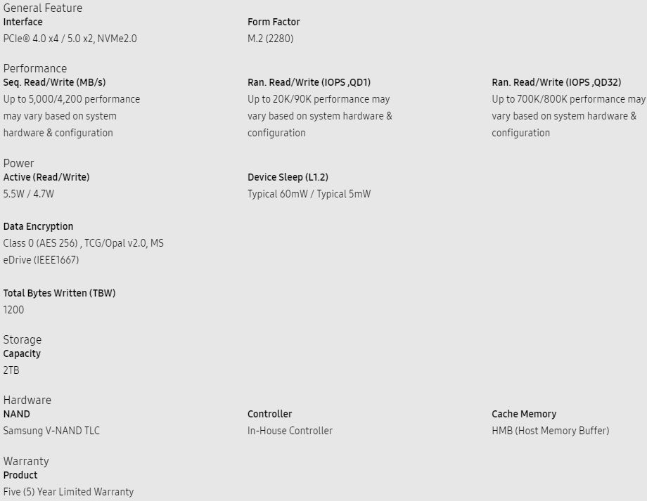 Samsung 990 EVO 2TB Specs