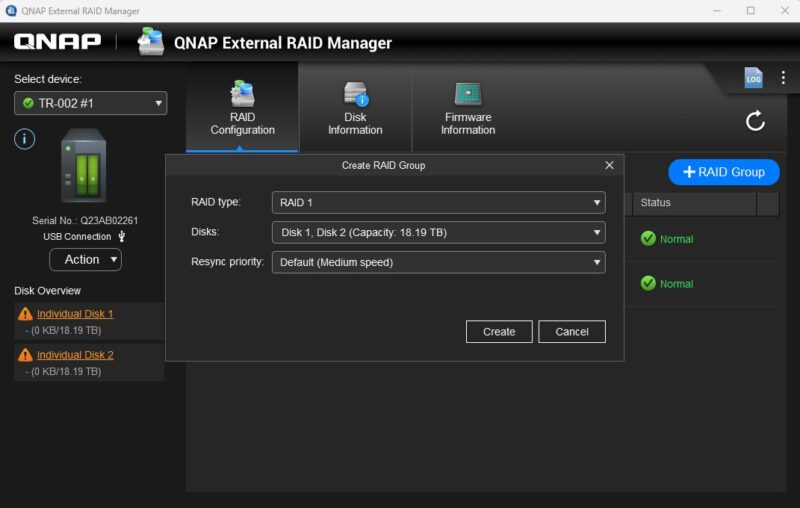 QNAP External RAID Manager QNAP TR 002 Create RAID Group