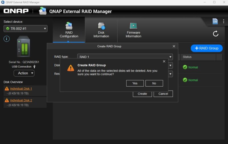 QNAP External RAID Manager QNAP TR 002 Create RAID Group Confirm