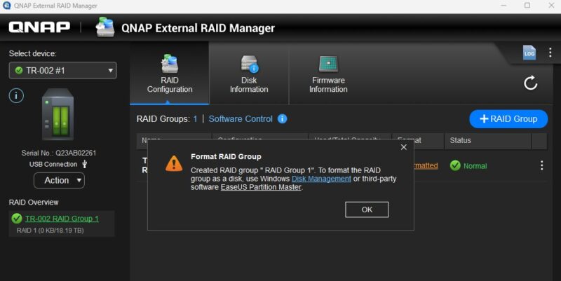 QNAP External RAID Manager QNAP TR 002 Create RAID Group Finished