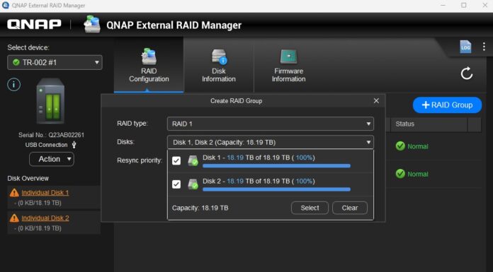 How to Setup RAID on QNAP USB RAID Enclosure QNAP External RAID Manager QNAP TR 002 Create RAID Group Select Disks