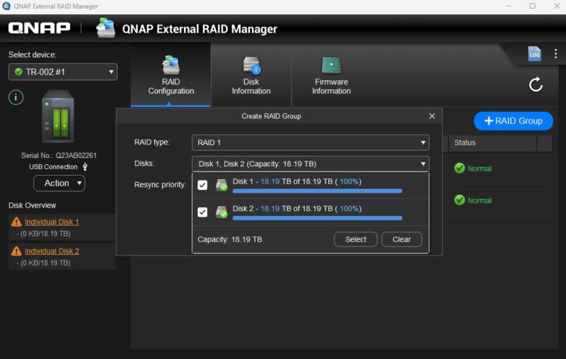 QNAP External RAID Manager QNAP TR 002 Create RAID Group Select Disks