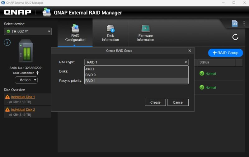 QNAP External RAID Manager QNAP TR 002 Create RAID Group Select RAID Config