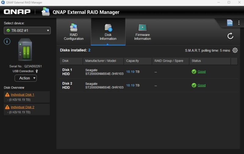 QNAP External RAID Manager QNAP TR 002 Disk Information