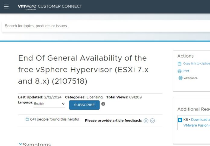 VMware VSphere Hypervisor Free Edition End