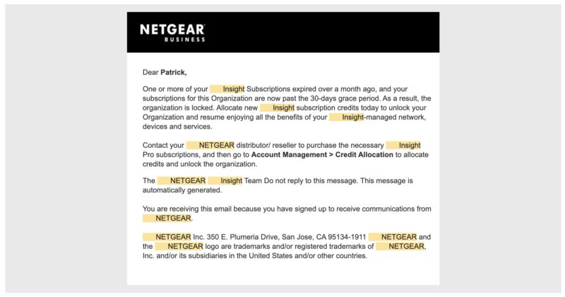 Netgear Insight Subscription Expired Message Without Unsubscribe