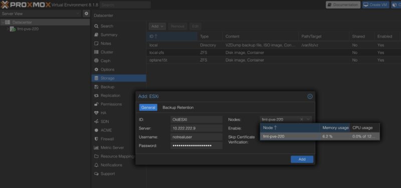 Proxmox VE 8.1.8 Add ESXi