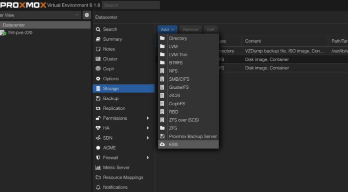 New VMware ESXi to Proxmox VE Import Wizard Available Proxmox VE 8.1.8 Datacenter Storage Add With ESXi