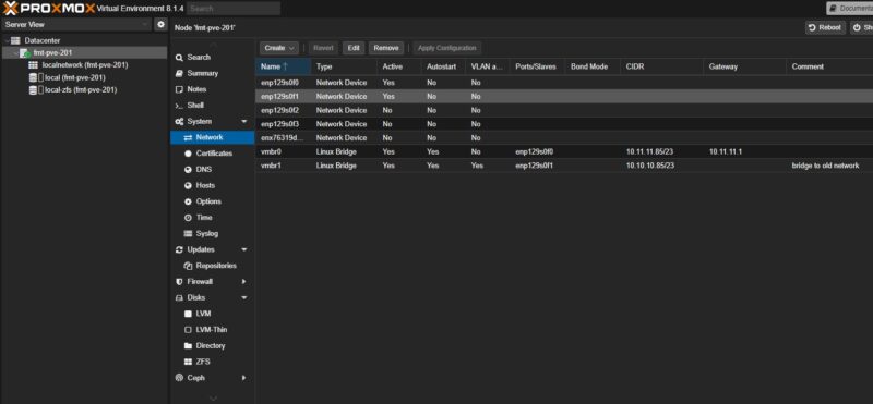 Proxmox VE With 4x Port Network Card New Network Bridge Applied