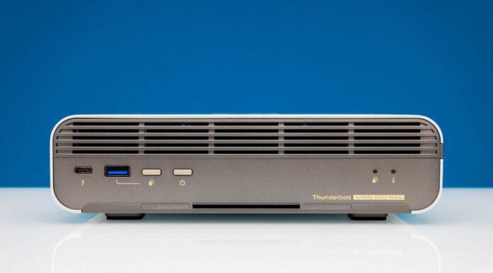 QNAP TBS-h574TX Review E1.S and M.2 Thunderbolt 10GbE NAS QNAP TBS H574TX Front With Magnetic Grill 1