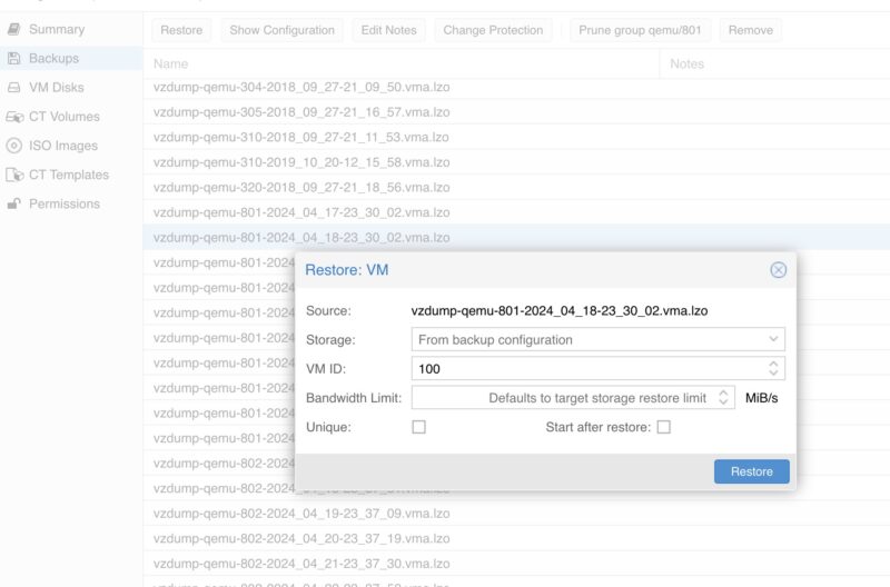 Proxmox VE Restore From VM Using NFS Storage