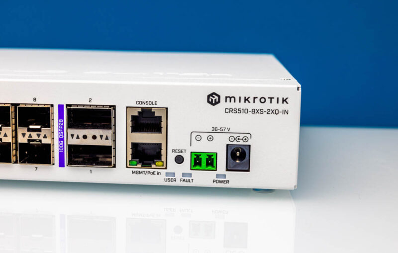 MikroTik CRS510 8XS 2XQ IN Front Console Management And DC Power Inputs