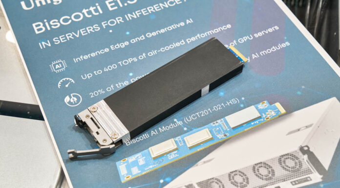 Unigen Biscotti Dual Hailo-8 AI Module Spotted in AIC Booth at Computex 2024 Unigen Biscotti E1.S Al Module On Table