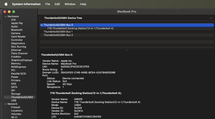 How to See Thunderbolt and USB4 Device Information on a Mac Apple MacOS Thunderbolt Bus 0 Anker 778 Connected